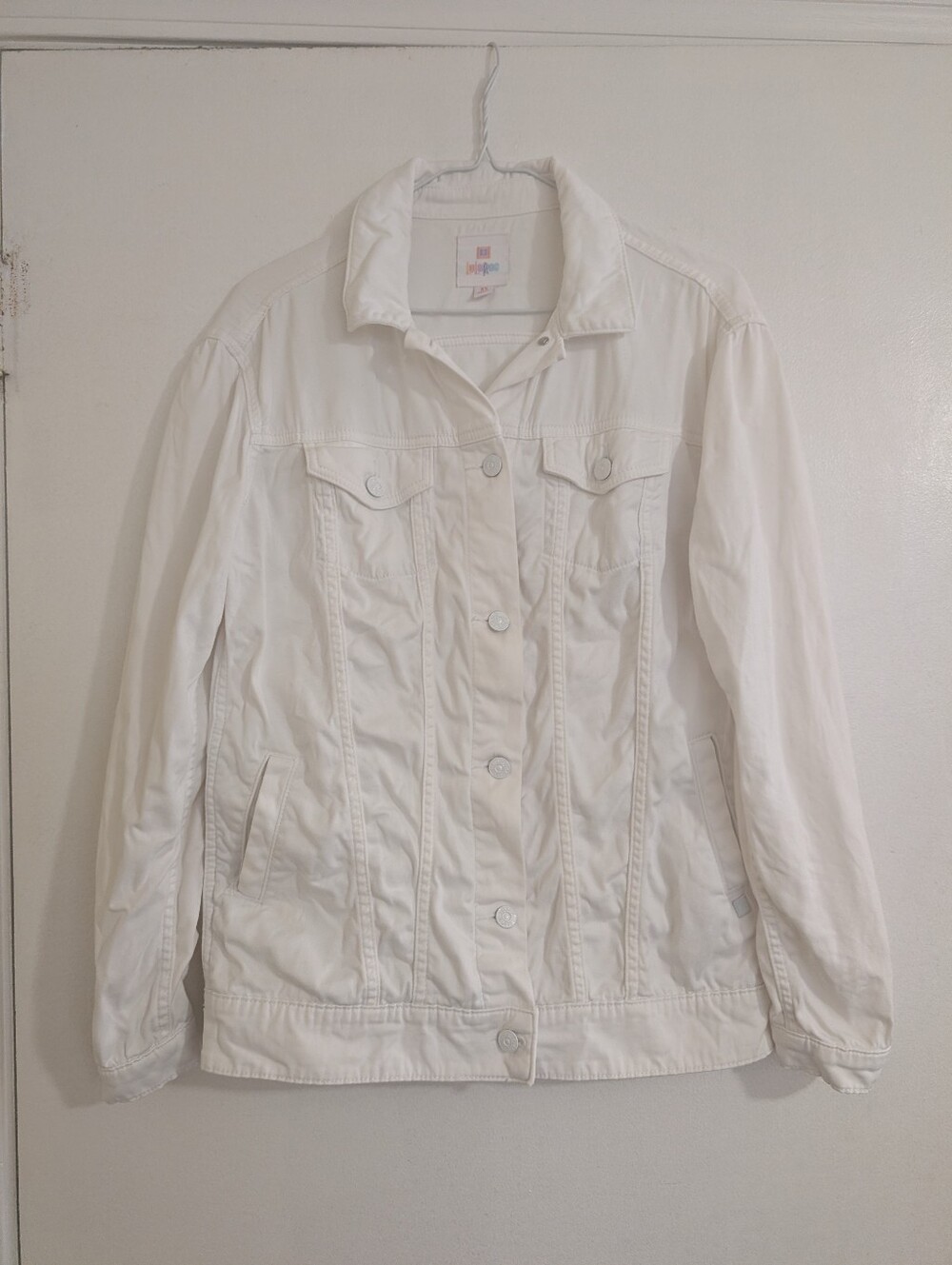 LuLaRoe White Stretch Denim Trucker Jacket Silver Button Front Jean Jacket XS